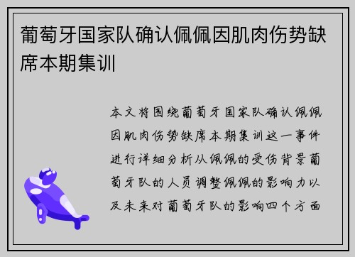 葡萄牙国家队确认佩佩因肌肉伤势缺席本期集训